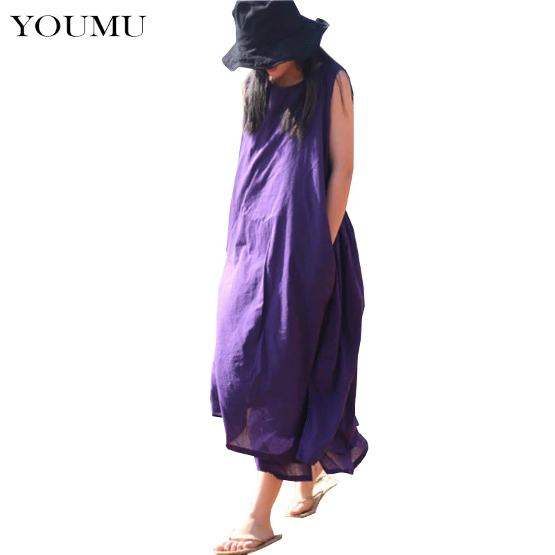 

Women Casual Loose Sleeveless Dresses Solid Cotton O-Neck Mid-Calf Tank Dresses Pleated Drawstring Back Summer Cool 200-A739