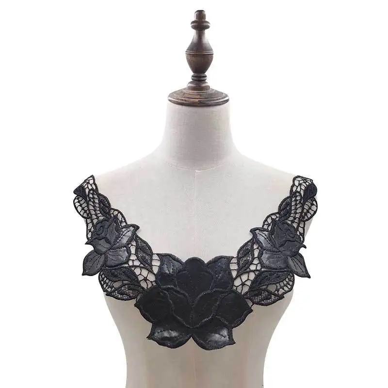 

Black PU Leather Embroidery Collar Trim Floral Embroidered Applique Lace Neckline Dress Garment Embellishments Sewing Trimmings