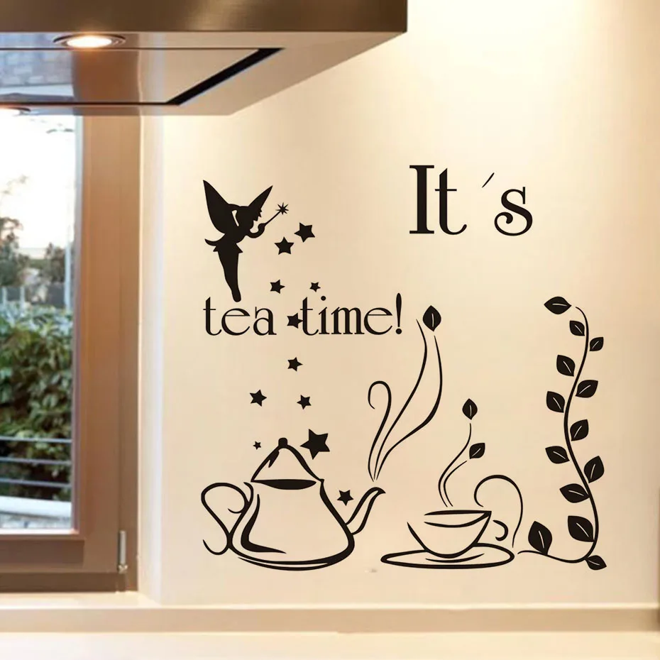 It's Tea Time Fairy With Wand Teapot And Cup Creative Design Diy Wall Stickers Kitchen Decal Home Decor Restaurant Decoration | Дом и сад