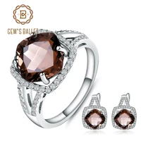 gems ballet geometric fine 9 6ct natural smoky quartz jewelry set for women wedding 925 sterling silver earrings ring set