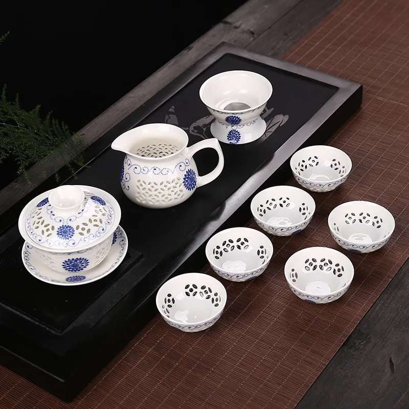 9 шт. сотовая фотокерамика синий и белый фарфор 1 * Gaiwan (чайник) + 6 чайные чашки