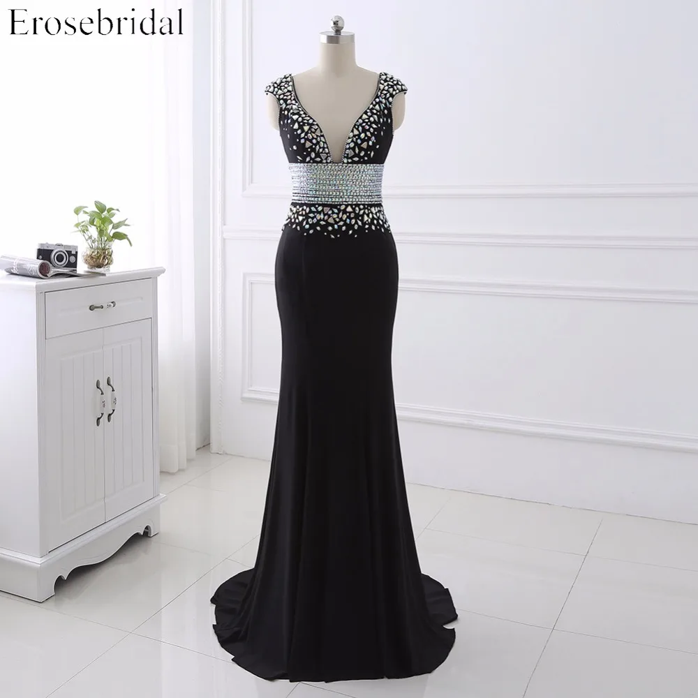 2017 платье с поясом и кристаллами для выпускного вечера длинное черное