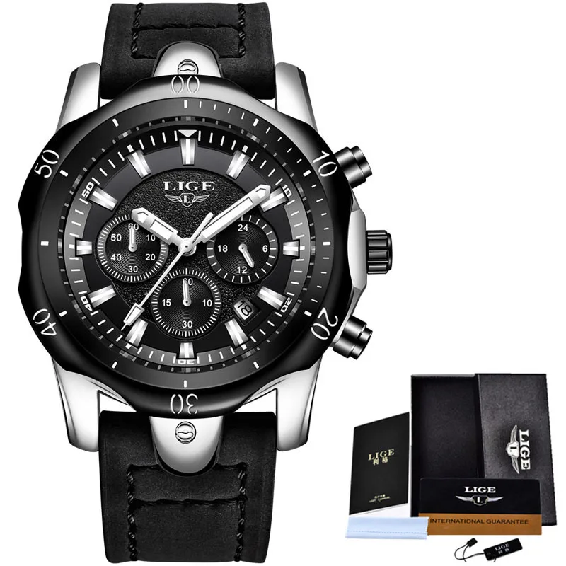 leather silver black LIGE Мужские часы Роскошные брендовые золотые кварцевые часы мужские повседневные кожаные военные водонепроницаемые спортивные наручные часы Relogio Masculino - Цвет: leather silver black