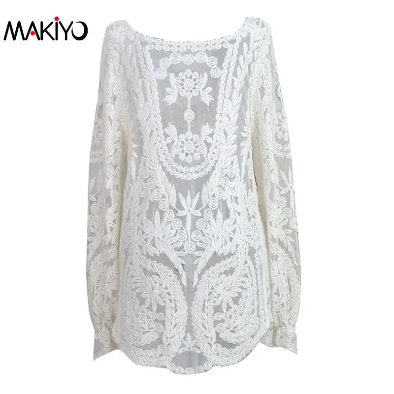 Белый Blusas Femininas, женская сексуальная Кружевная блуза с длинным рукавом, топы, модные Ажурные вязаные топы - Цвет: Белый