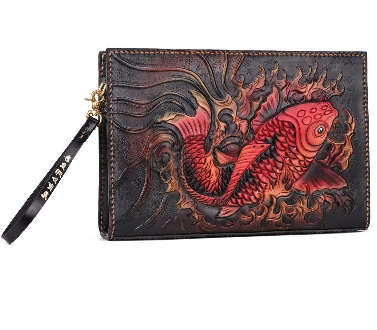 Handmade Business Men Vegetable Tanned Leather Carving Tiger Bag Money Holder Clutch Purse Phone Pocket Man Clutches Envelope |
