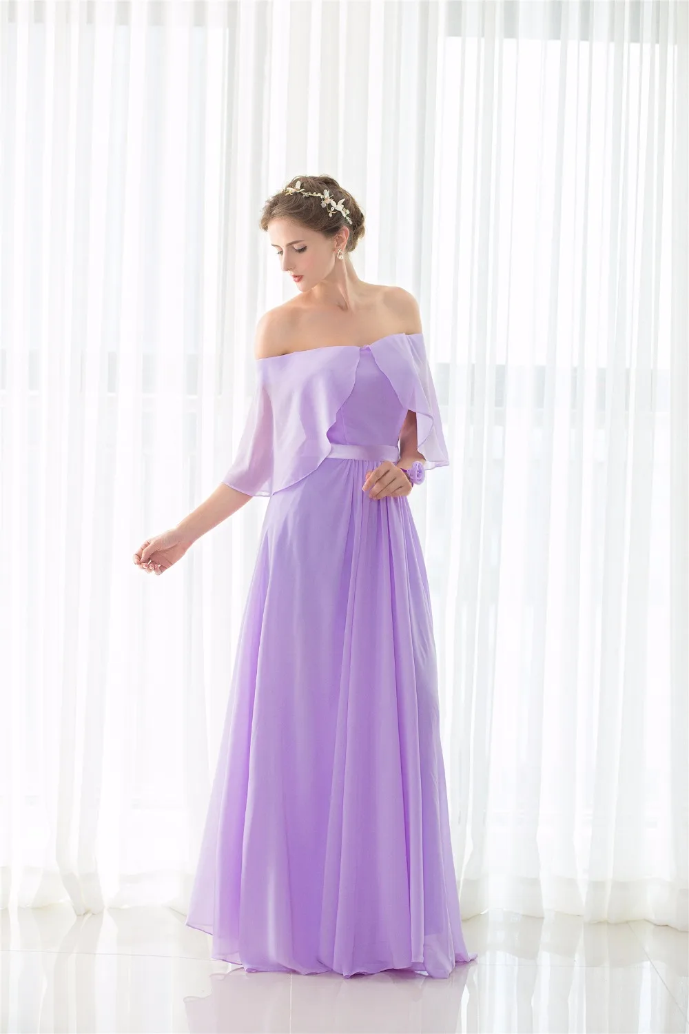 Лавандовое платье подружки невесты Дешевые 2021 без бретелек шифоновое