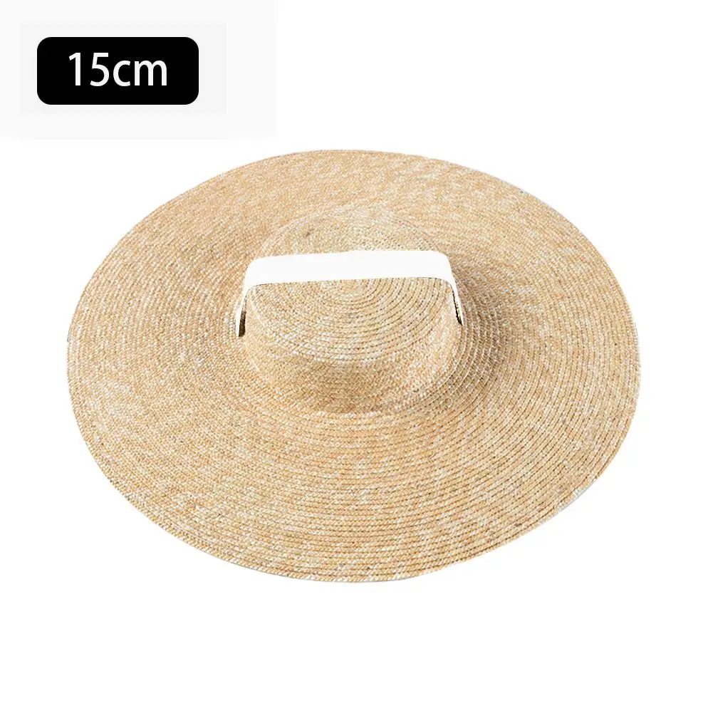 Flat top White 15cm Шляпа-канотье с широкими полями 10 см 15 см соломенная шляпа с полями плоская белая черная лента шляпа от солнца пляжная кепка для женщин летняя кепка от солнца Новинка - Цвет: Flat top White 15cm