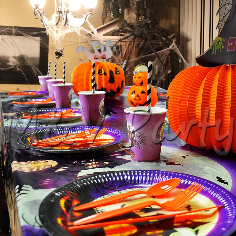 61pcs/lot Castle Print Halloween Theme Party Tablewear Set Disposable Straws Cup Tablecloth Supplies Decorations | Дом и сад