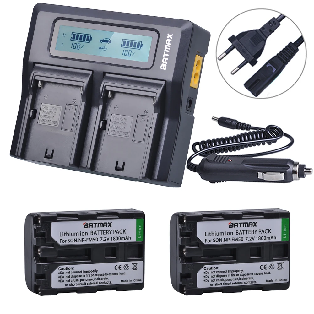 

2pc 1800mAh NP-FM50 NPFM50 FM50 Battery+LCD Rapid Dual Charger for Sony Alpha A100 DSLR-A100 A100K TRV408 DCR-PC105 FM30 FM50