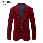 PYJTRL Мужской осенне-зимний винно-красный бархатный пиджак Бургунди с цветочным узором, приталенный Блейзер, сценический костюм для певцов
