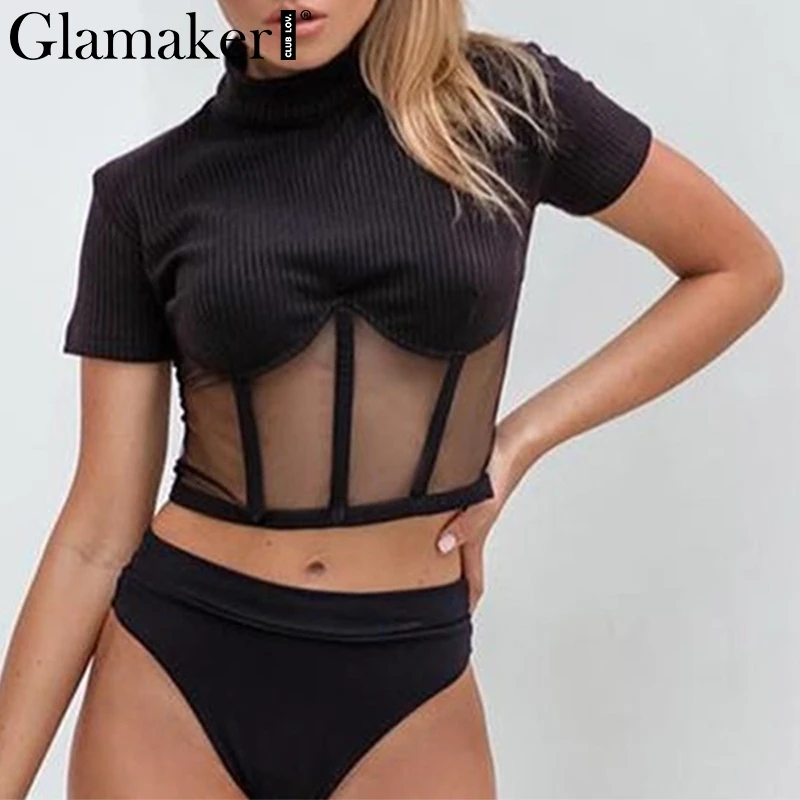Glamaker, прозрачный сетчатый укороченный топ в стиле пэчворк, Женская водолазка, черный топ на бретелях, женская сексуальная уличная одежда, летний топ, Футболка cami