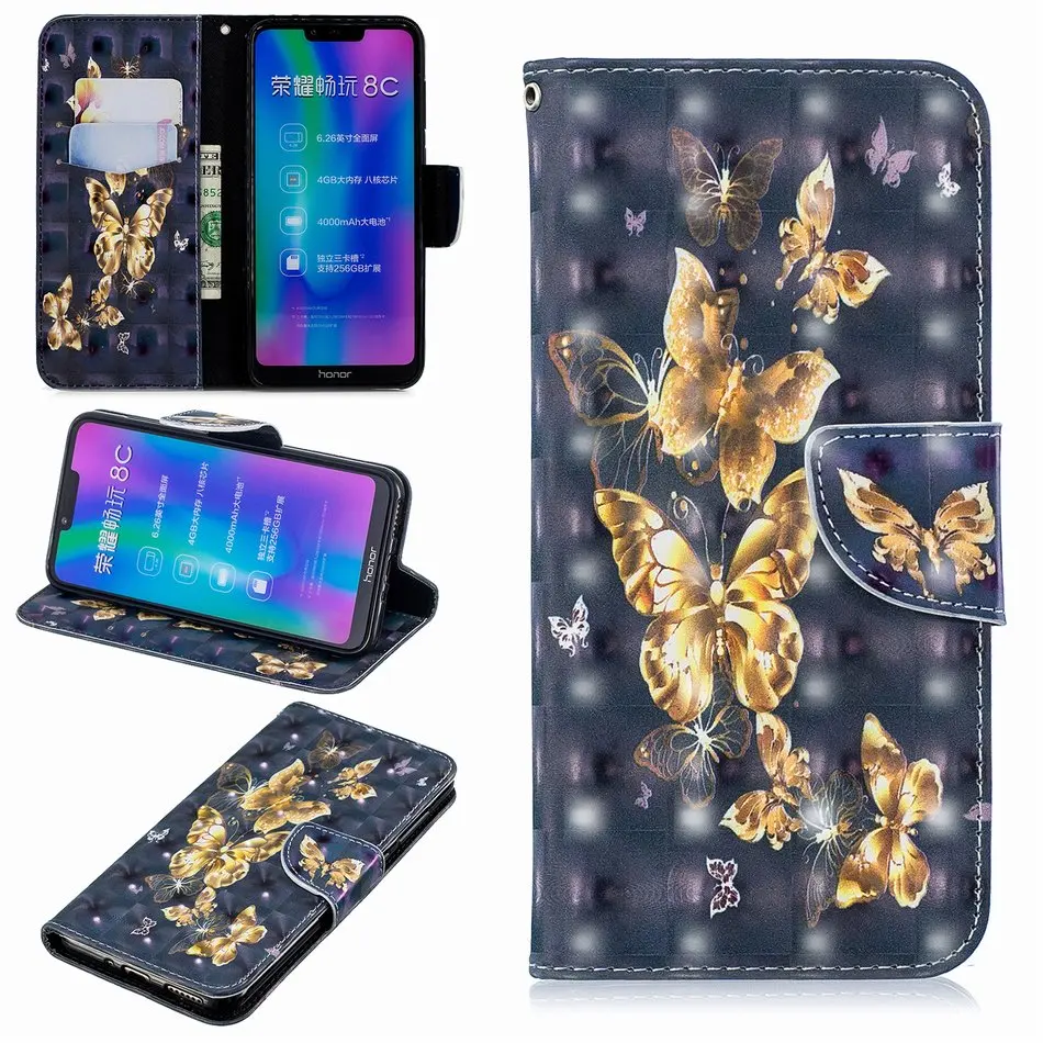 Чехлы с подставкой, кожаный чехол для huawei mate 10 20 Lite P10 P20 Pro Nova 3i P Smart Honor 8C Y5 Y6 Y7, слот для карт, бабочка D07Z