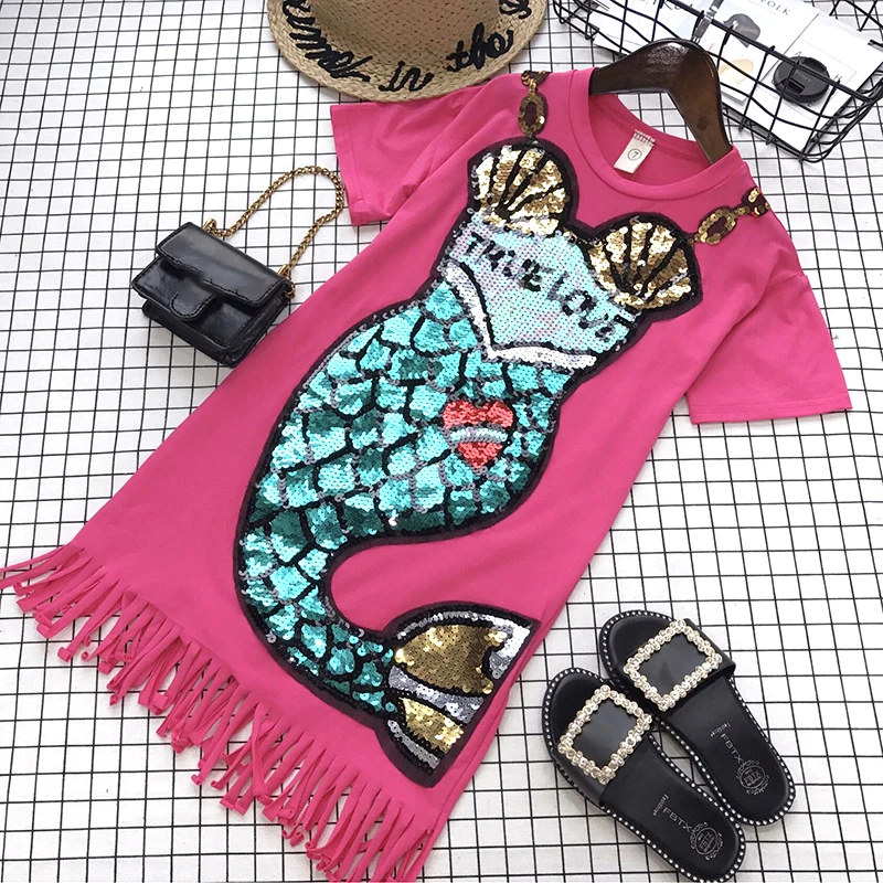 Baby Girl Embroidery Dress Cartoon Mermaid Sequins Tassel Dresses For Girls Summer Beach Children Clothing Kids Vestidos | Детская