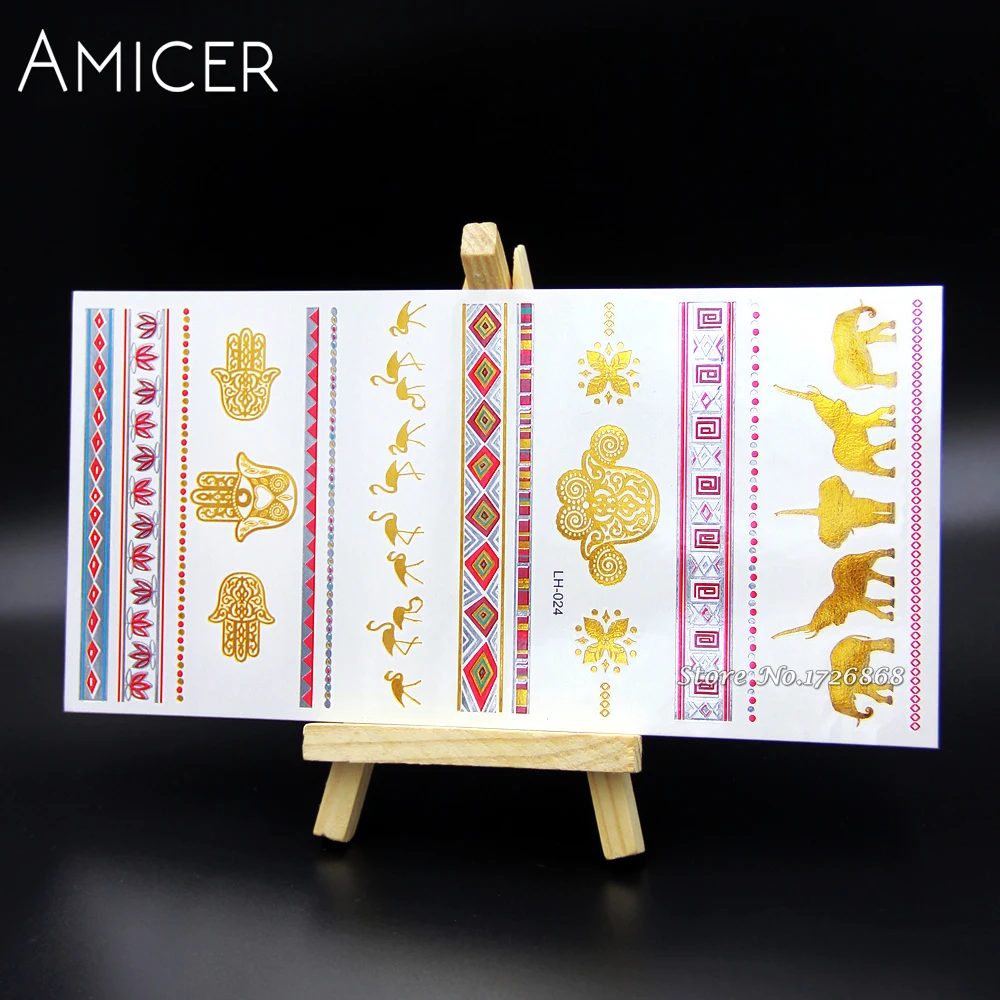 

Waterproof Metallic Gold Silver Body Art Temporary Tattoo Sexy Flash Tattoos Sticker For Color Elephant Pattern