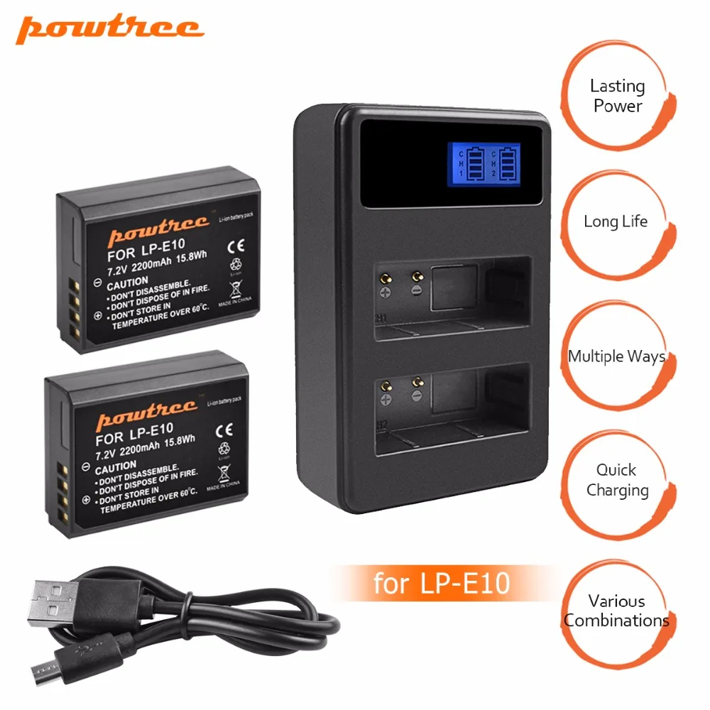 Powtree для Canon 2 шт. 7 в 2200 мАч LP-E10 LP E10 LPE10 Аккумулятор камеры + ЖК-дисплей двойное