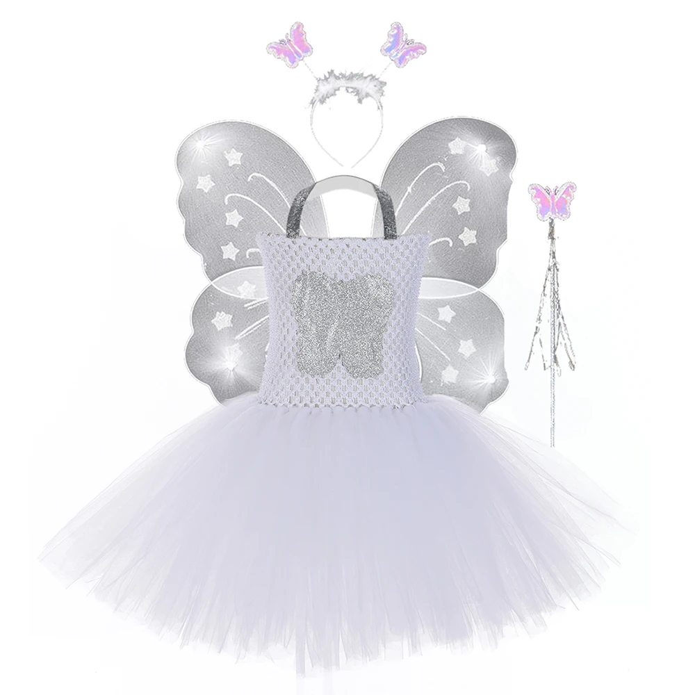 White Tooth Cartoon Cosplay Tutu Dress With Wings Wands Kids Girls Angel Birthday Halloween Carnival Costume Clothes | Детская одежда и