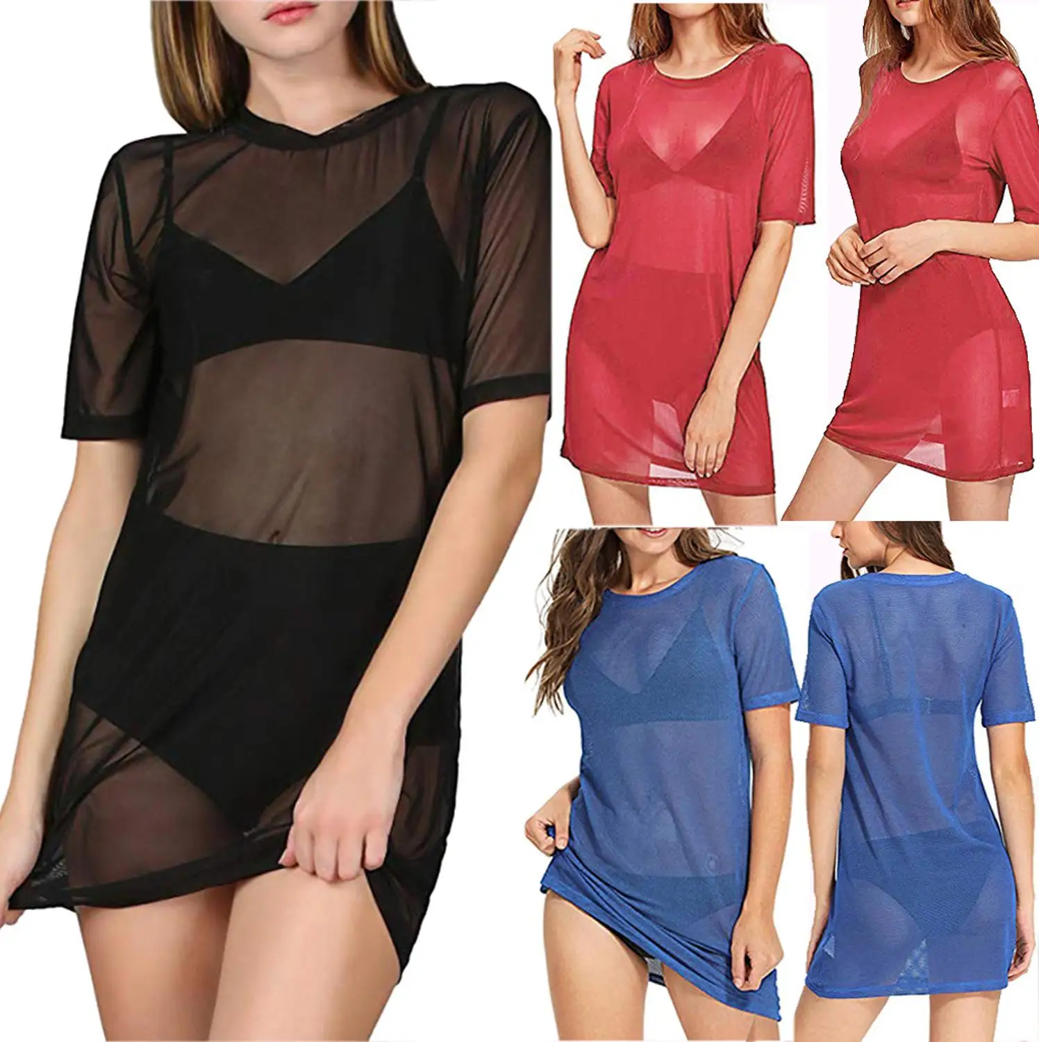 Женское прозрачное пляжное платье LD Сетчатое футболка с короткими рукавами