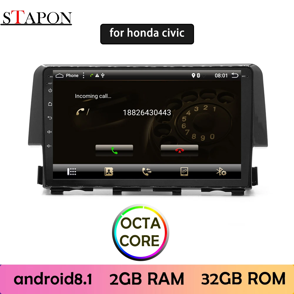 STAPON 9 дюймов для honda civic 2016 17 Android 8 1 2GBRAM Восьмиядерный автомобильный DVD MP5