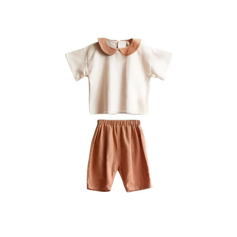 

DFXD High Quality Teen Girls Outfits New Fashion Summer Children Cotton Short Sleeve Peter Pan Collar Top+Pant Clothing Sets