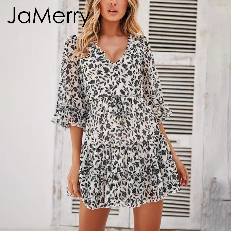 JaMerry винтажное boho мини платье в сборку женское с расклешенными рукавами летнее