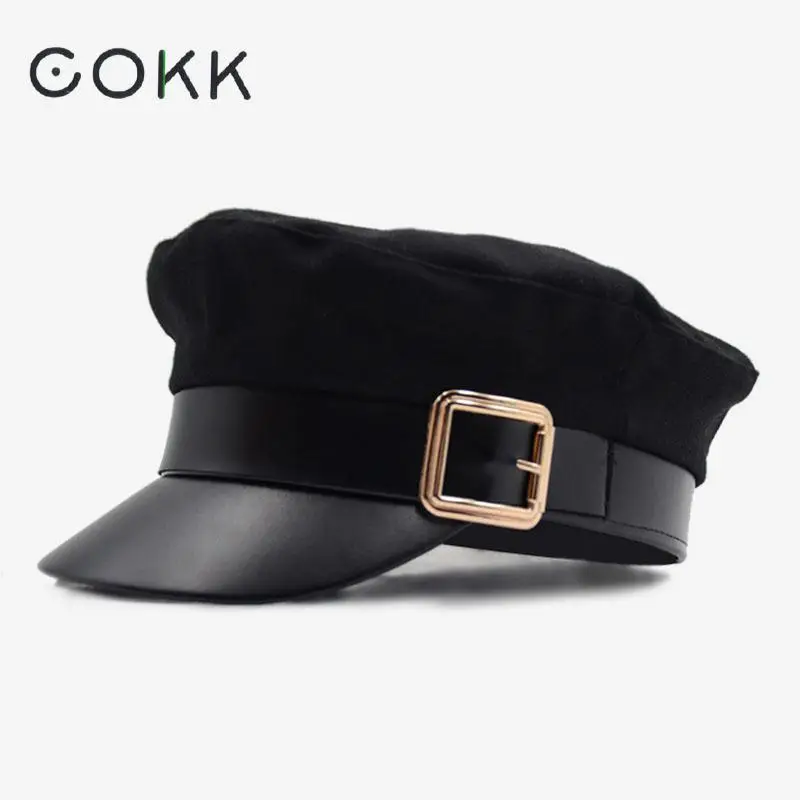 COKK-gorro Militar para hombre y mujer, Boina de lana con visera de cuero Pu, tejido de hueso negro, Estilo Vintage, para invierno
