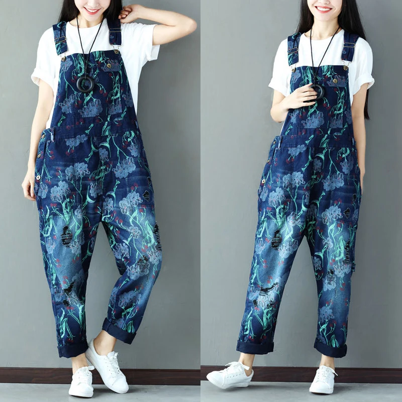 Free Shipping 2019 New Printed Ladies Overalls Denim Jeans Loose Jumpsuits And Rompers With Holes Plus Size Jumpsuits For Women