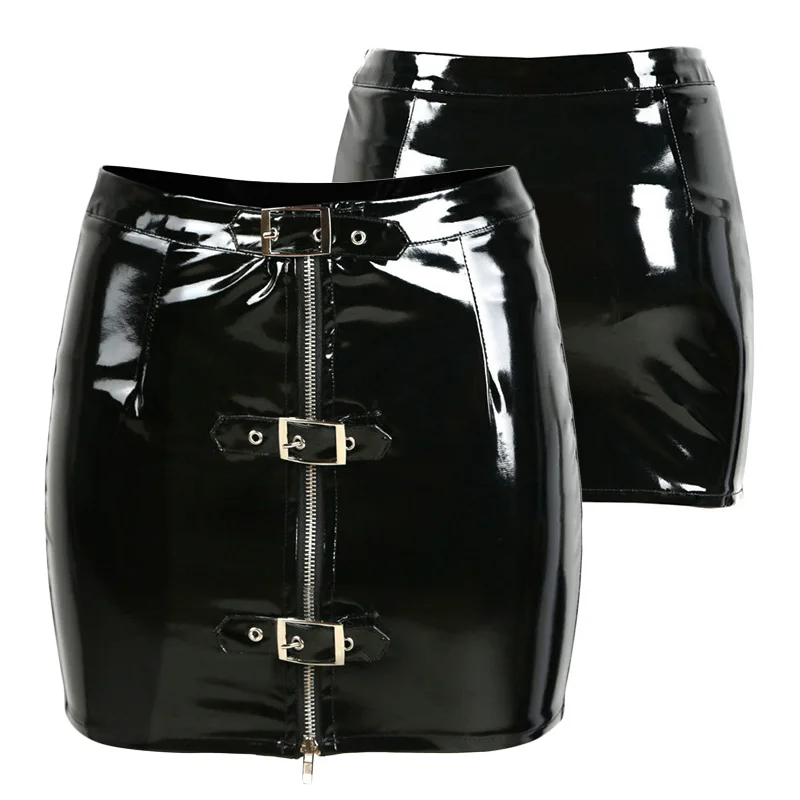 Женская юбка карандаш из латекса с высокой посадкой и застежкой молнией мини