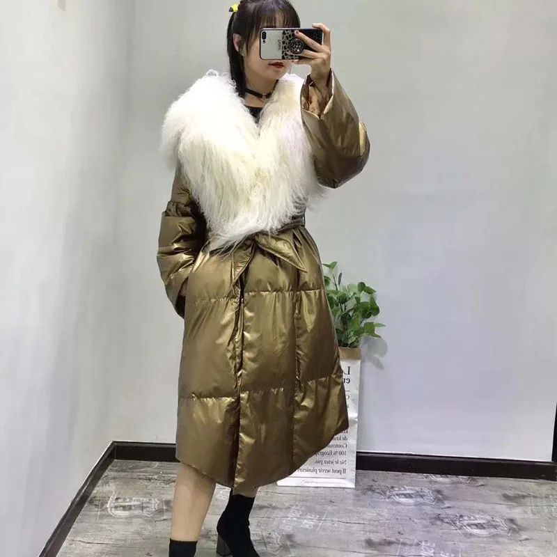 Длинная 90% белая женская зимняя куртка на утином пуху, Новая Модная парка, розовые пальто, doudoune femme hiver с большим шерстяным меховым воротником