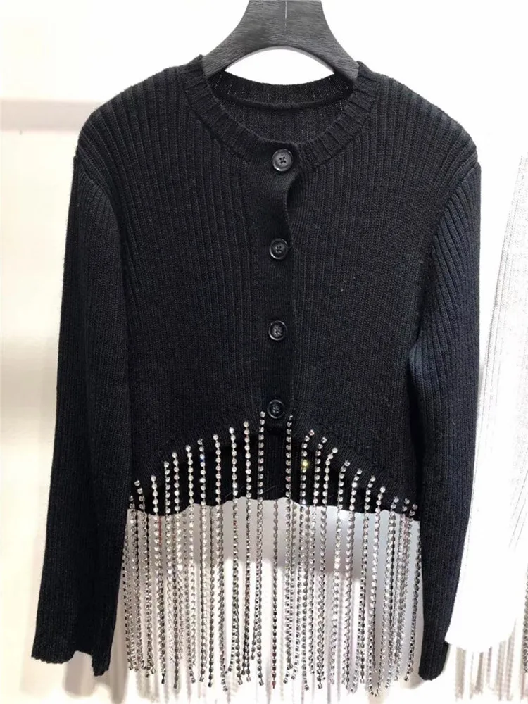 Autumn 2018 Casual Clothes Women White Black Knitted Cardigans Fashion Long Sleeve Wool Tassels Rhinestones Short Coat Girls |