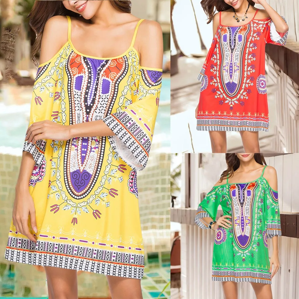 Женское платье на бретельках с принтом в национальном стиле повседневное