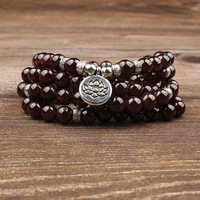 8mm 108beads natural wine garnet lotus buddha staty bracelet 5 circles yoga pendant necklace suitable for diy jewelry wear