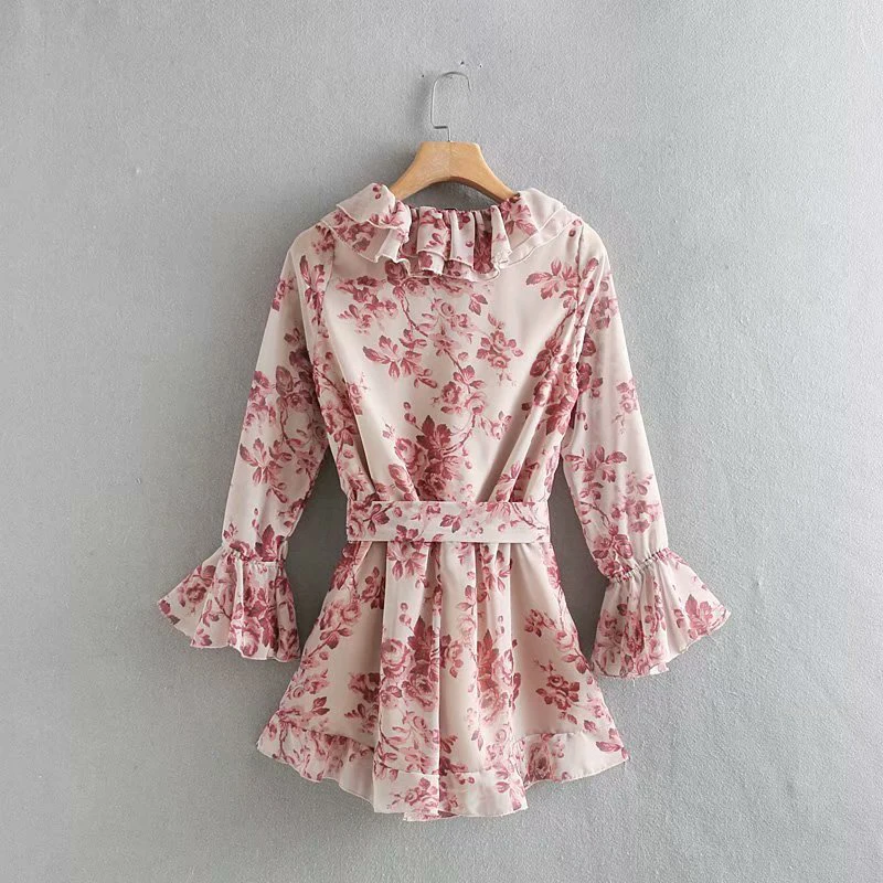 Boho женские комбинезоны кружева с цветочными рисунками короткие гофрированное обернутое летнее коcтюм с длинными рукавами Свободный женский вырез с оборками комбинезон