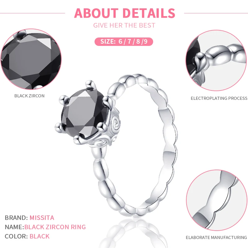 

MISSITA New Fashion Black Crystal Rings for Women Romantic Gift with Black Stackable Zircon Brand Silver Color Jewelry