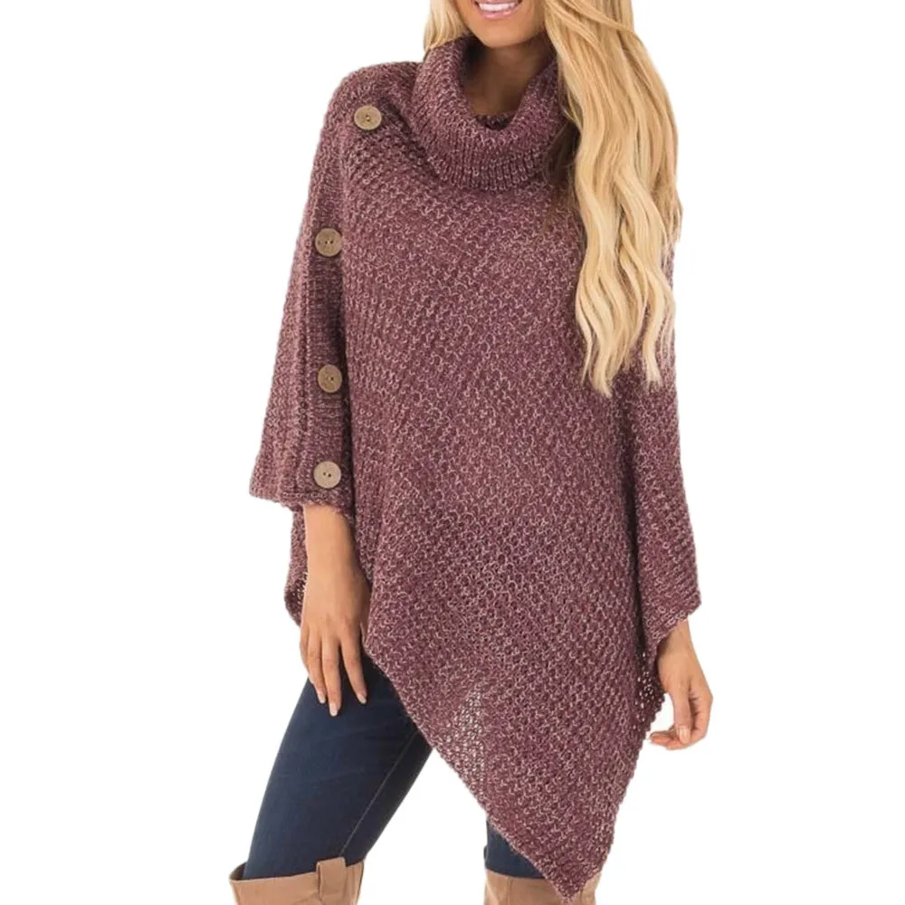 Red Sweater Women Autumn Winter Warm Outwear Loose Knit Turtle Neck Poncho Button Irregular Hem Pullover Sweater casaco feminino#O - Цвет: Red