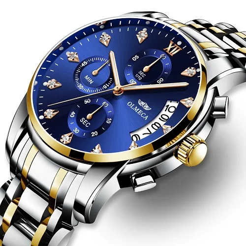 Gold blue Relogio Masculino мужские часы Роскошные спортивные часы 3ATM водонепроницаемые часы с хронографом наручные часы из нержавеющей стали ремешок Saat - Цвет: Gold blue