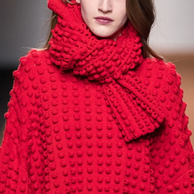 red scarf TWOTWINSTYLE, вязаный пуловер, топы для женщин, на завязках, с расклешенными рукавами, длинный свитер с оборками, вязаная одежда для женщин,, Весенняя мода - Цвет: red scarf