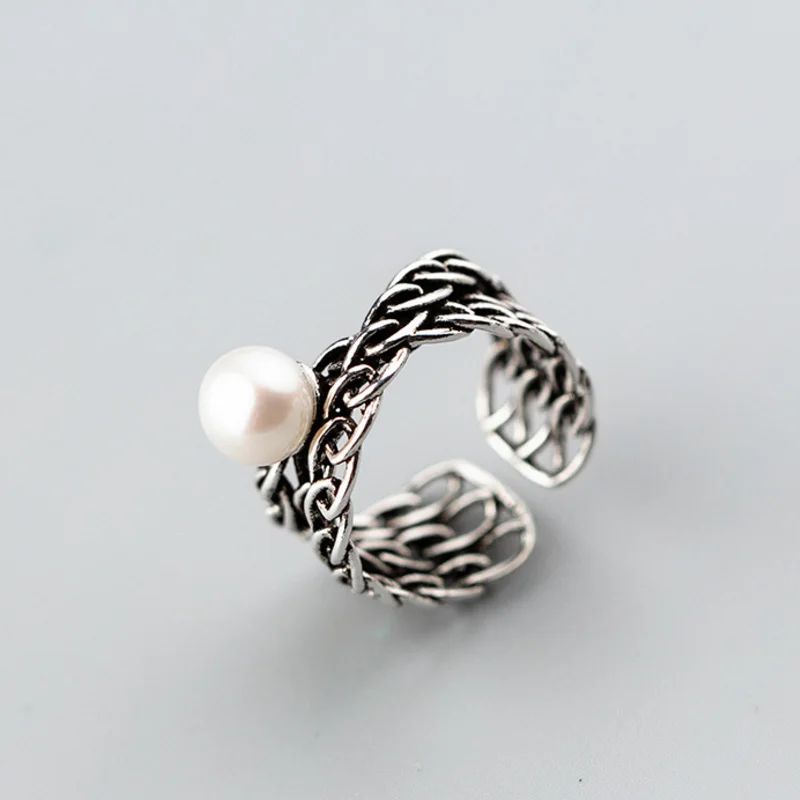 

925 Sterling Silver Open Ring For Women Chain Ring With Pearl Hollow Lady Rings Bijoux Femme