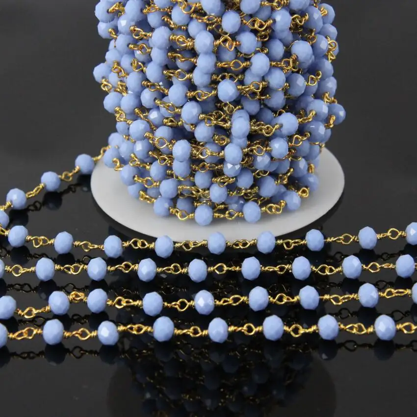 

Candy Purple Blue Glass Faceted Rondelle beads Chain,Plate Gold Wire Wrapped Link Crystal Copper Rosary Chain,5Meters