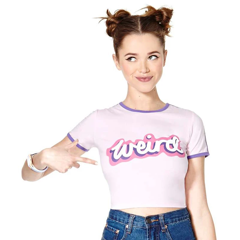 Haoduoyi Brand 2018 Letters Printed Women Pink Sweet Cotton Crop Tops O-Neck Short Sleeve Elastic Soft Female Tees Lady | Женская одежда