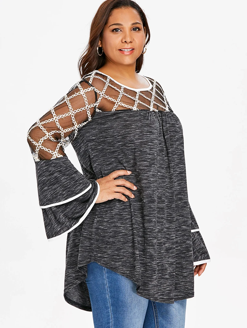 PlusMiss плюс размеры пикантные сетчатые рюшами Топы с рукавом бабочка для женщин XXXXL