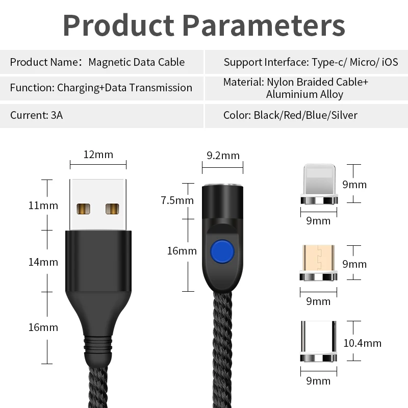 SUNPHG 3 в 1 Магнитный кабель type C для iPhone Lightning 3A кабель для быстрой зарядки Microusb шнур для huawei samsung 1 м провод для зарядки