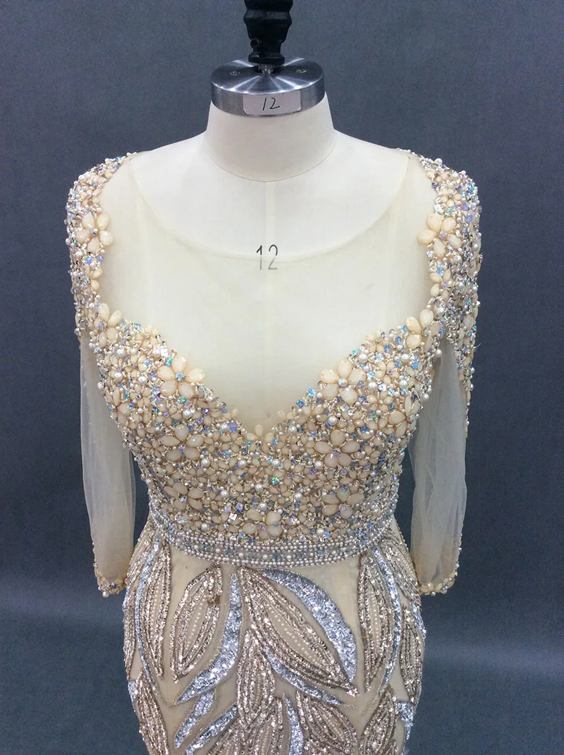 Реальное изображение Роскошные вечерние платья Длинные рукава 2018 Русалка блеск