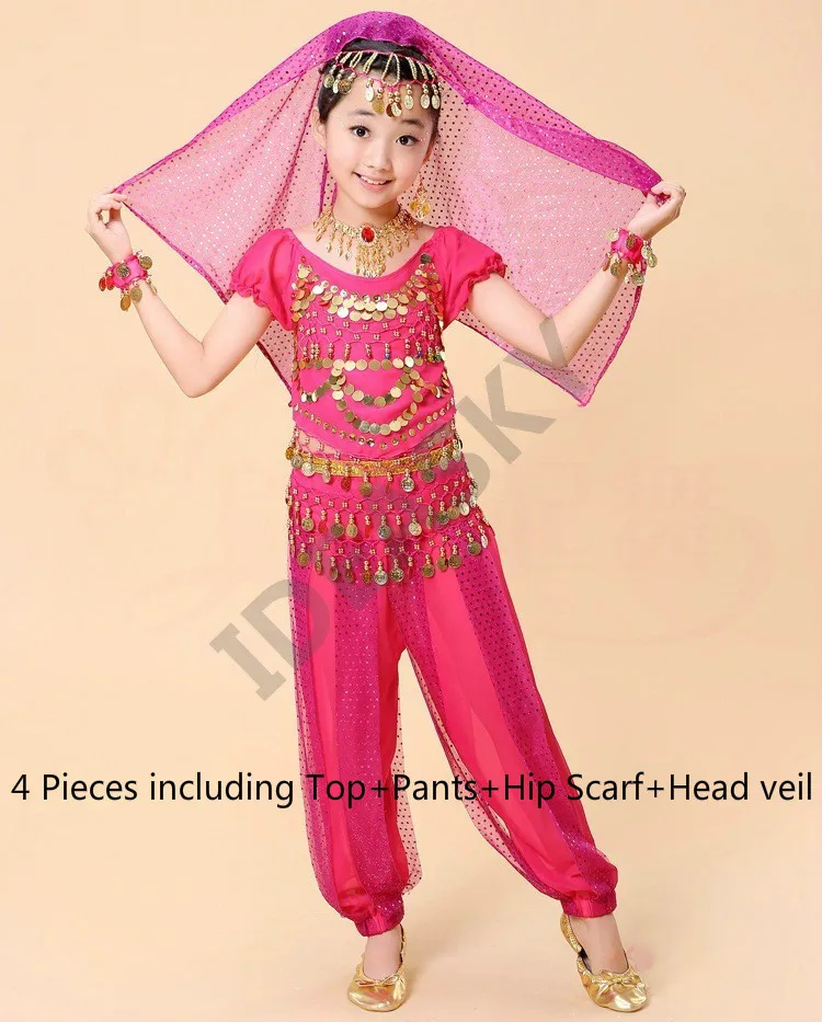 hot pink 4pcs Взрослый Женский Детский набор костюма для танца живота восточные Детские платья индийская одежда танец живота дети Индийский Болливуд ребенок - Цвет: hot pink 4pcs