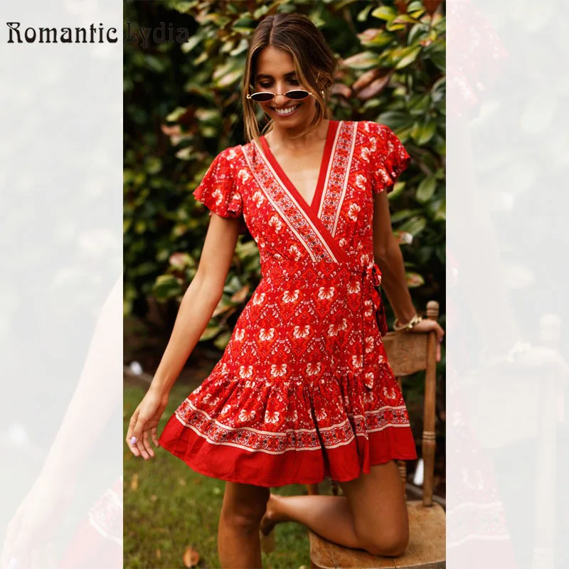 Boho Винтаж мини платье Для женщин V шеи Цветочный принт платья с короткими