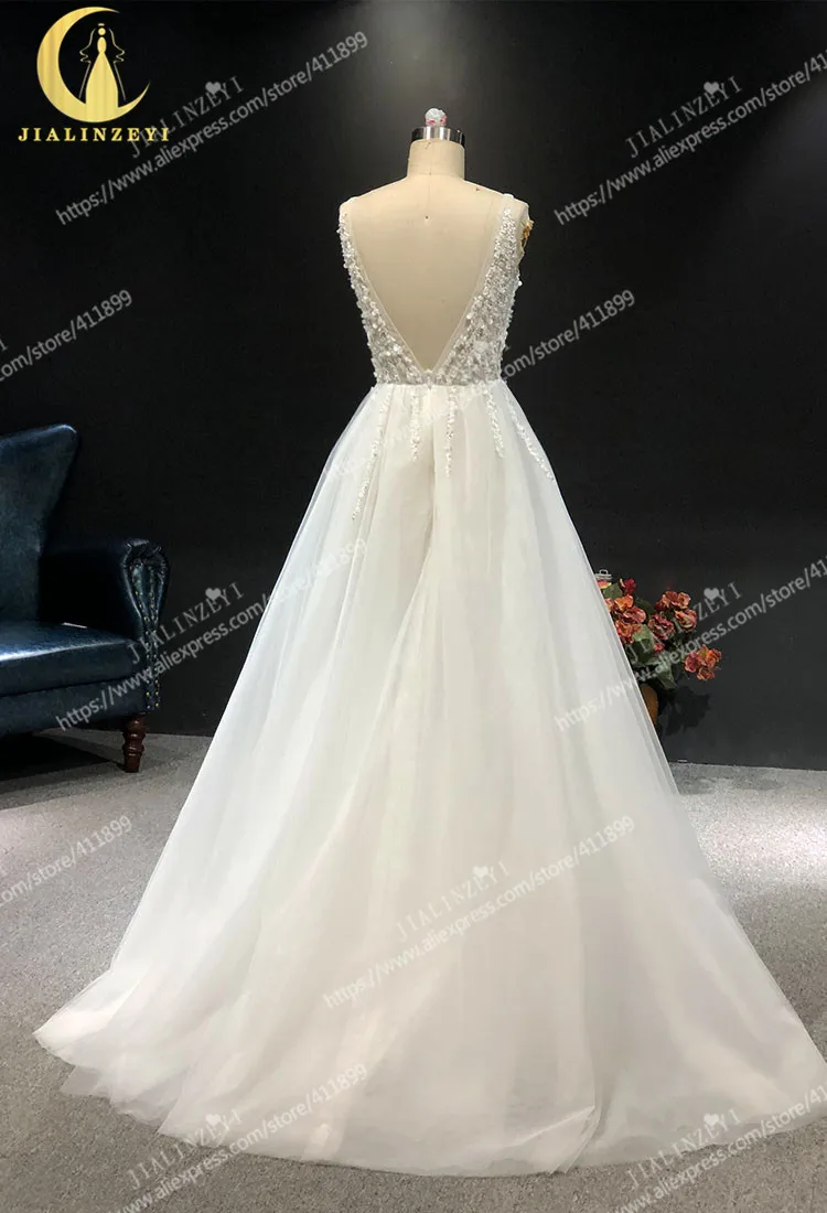 Rhine Sexy Deep V Neck Beads Sequins and Crystal Slit Tulle V back Fashion New Arrival Real Picture Wedding dresses