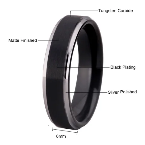 Мужское обручальное кольцо, женское модное обручальное кольцо, матовое черное с серебряным вольфрамовым кольцом, 100% вольфрамовое кольцо на палец