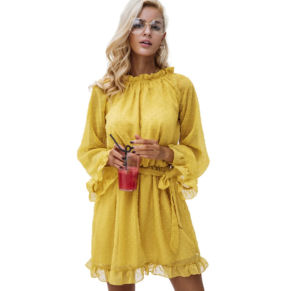 

Women Yellow Dress O-Neck Mini Long Sleeve Dress Ruffles Fit And Flare Vintage Backless Short Fashion 2020 New Hot Sale Dress