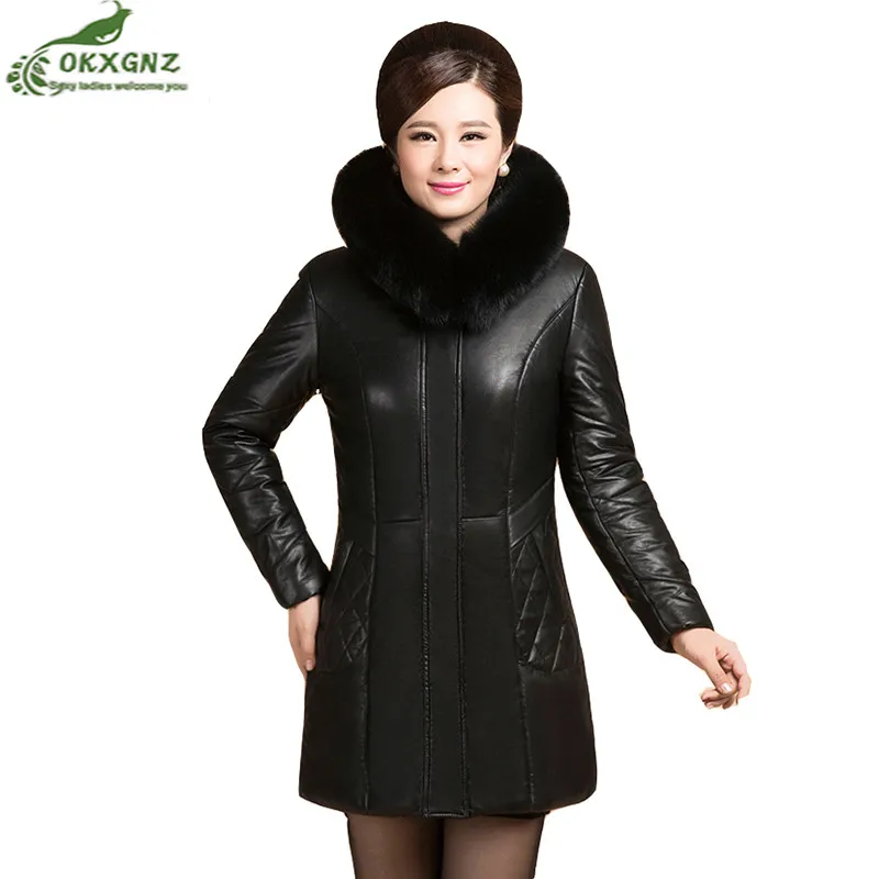 

Winter new middle-aged women leather Outerwear middle-length thickening jacket coat women Plus size warm Down cotton coat OKXGNZ