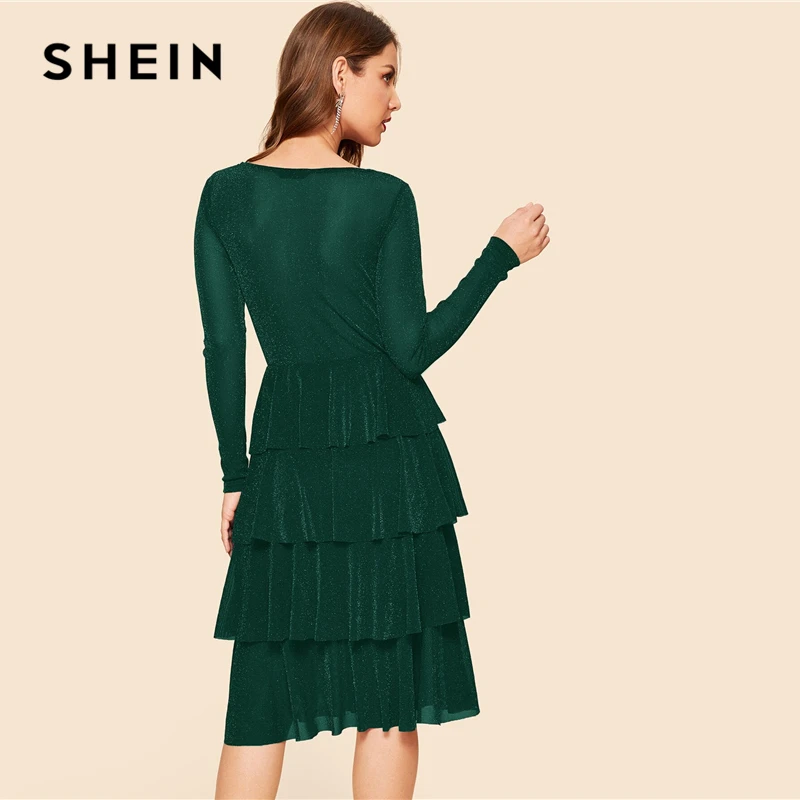 SHEIN Блестящее Платье С Многослойными Оборками Эластичные Женские Осенние Платья с Рюшами С V-образным Вырезом С Высокой Талией