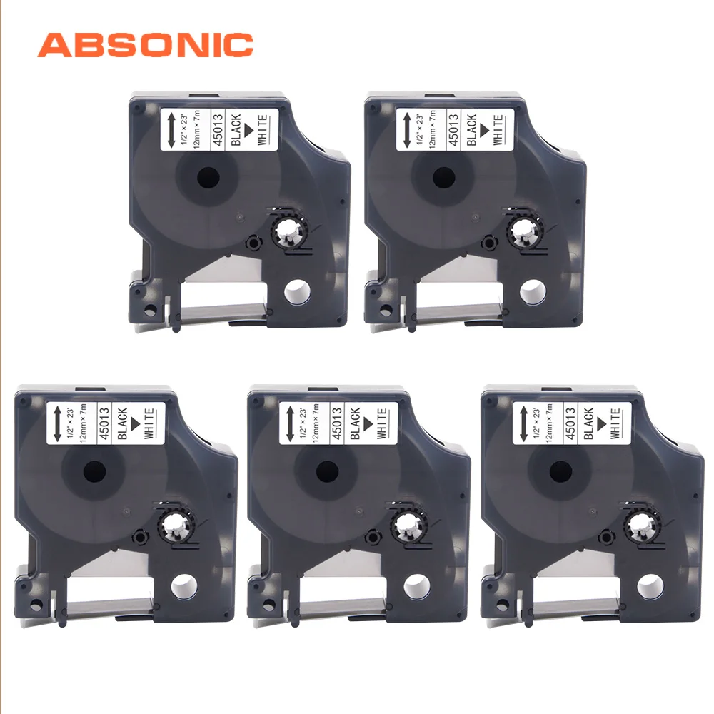 Absinic 5 шт 12 мм заправляемая Лента кассеты совместимый с Dymo D1 45013 черный на белом для
